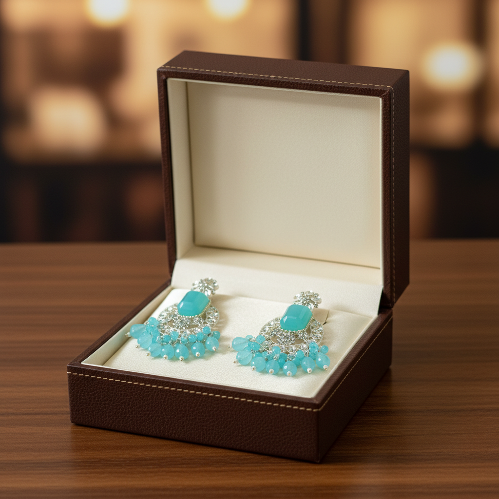 Celestial Aqua Kundan & Silver Chandbali Jhumka Earrings