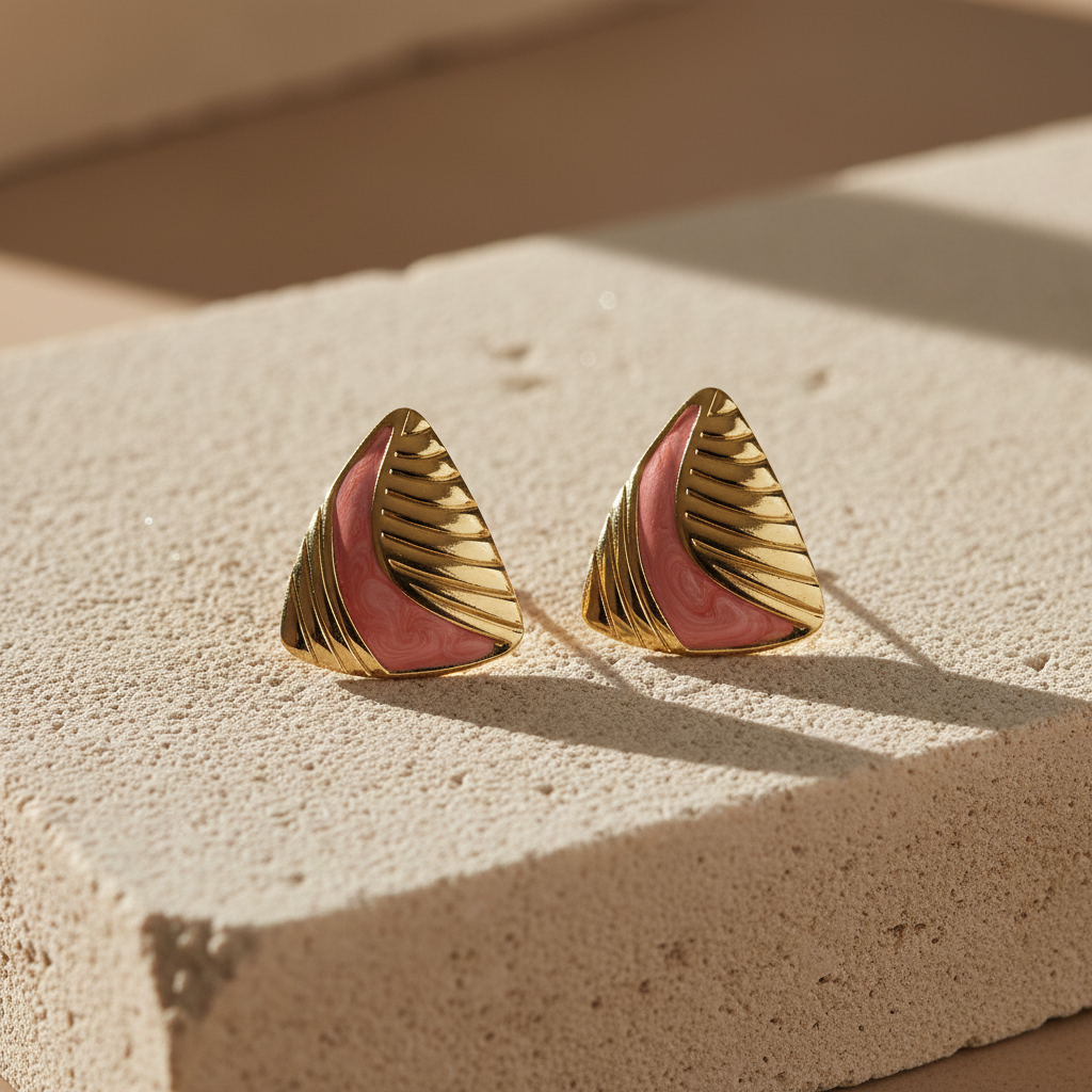 Regal Ridge Gold & Coral Swirl Geometric Stud Earrings
