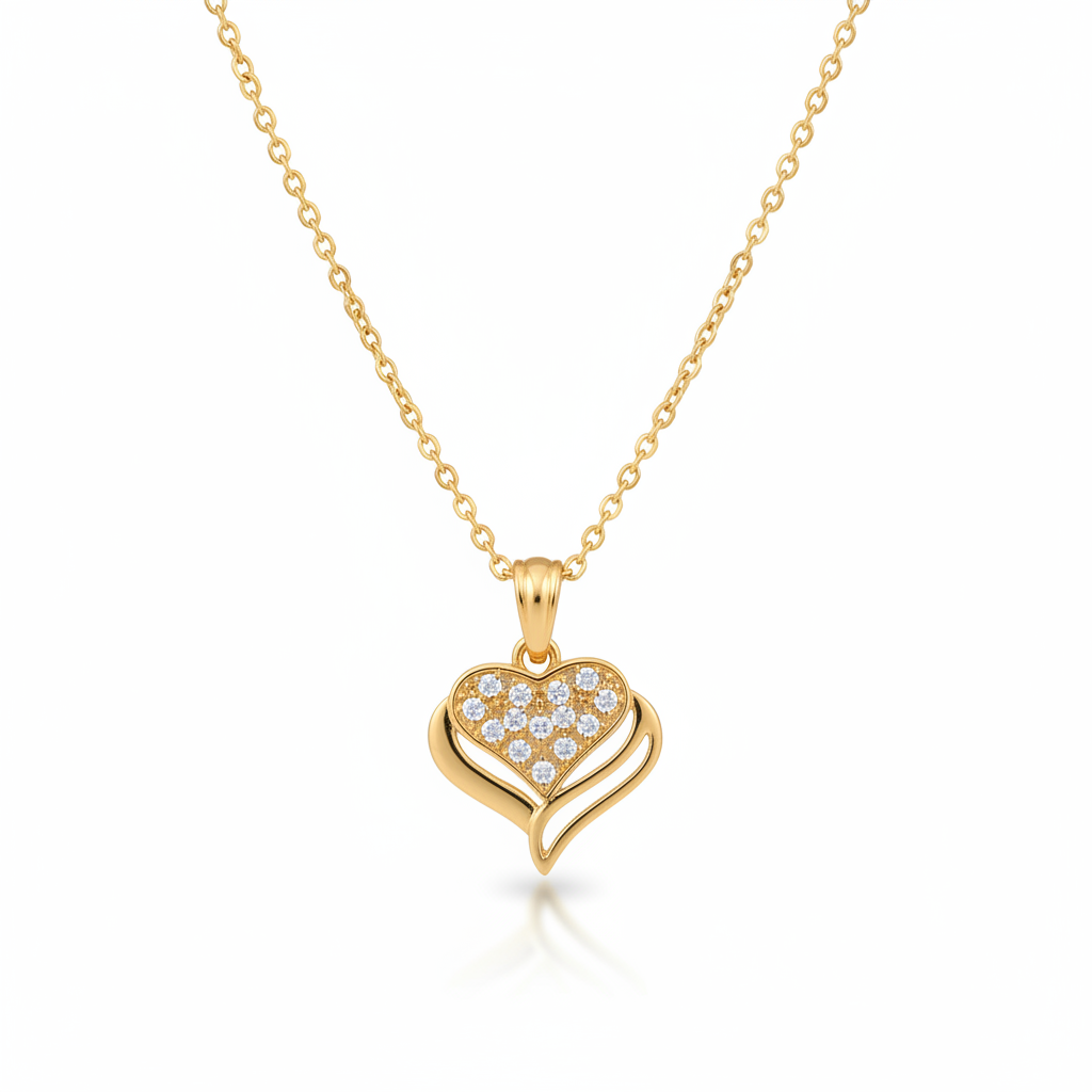 Luxury Golden Double Heart A.D. Diamond Pendant Necklace