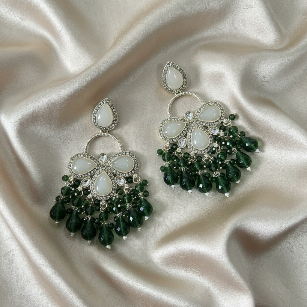 Regal Emerald Cascade & Pearl-Inspired Teardrop Dangle Jhumka Earrings