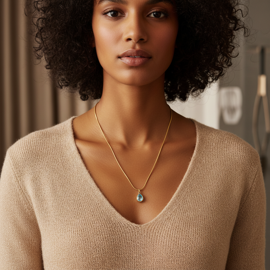 Golden Serenity Blue Topaz Teardrop Pendant Necklace