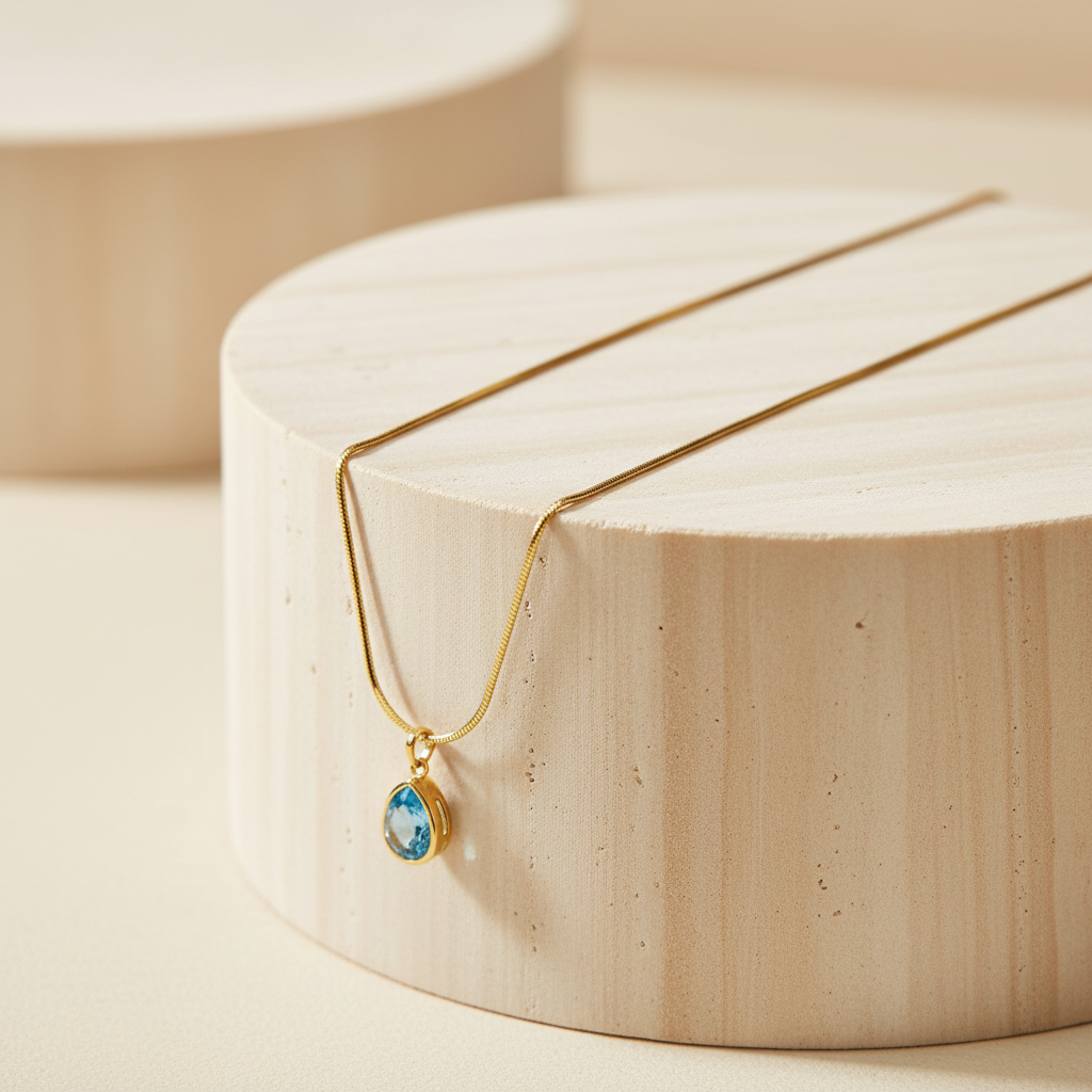 Golden Serenity Blue Topaz Teardrop Pendant Necklace