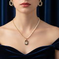 Luxe Asymmetric Pearl & Gold Chain Necklace Set with Geometric Crystal Earrings
