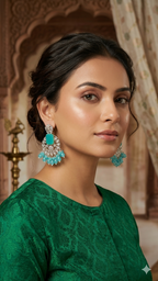 Celestial Aqua Kundan & Silver Chandbali Jhumka Earrings