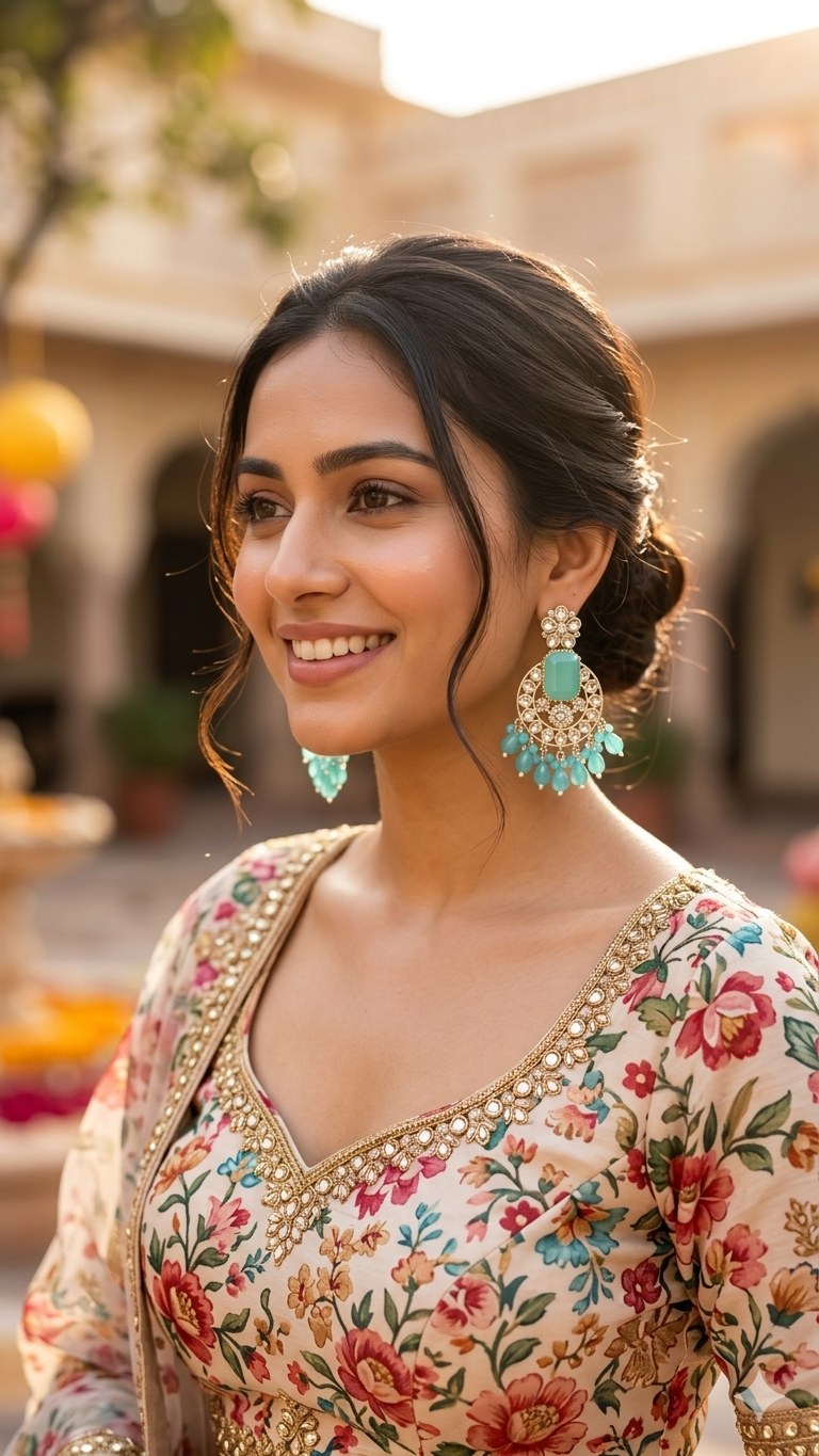 Celestial Aqua Kundan & Silver Chandbali Jhumka Earrings