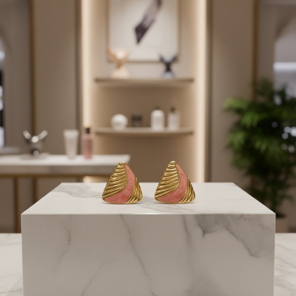 Regal Ridge Gold & Coral Swirl Geometric Stud Earrings