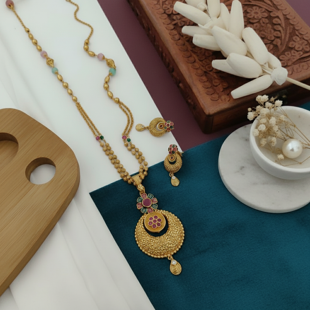 Aadhya Collection: Regal Antique Gold Floral Enamel Necklace & Earring Set