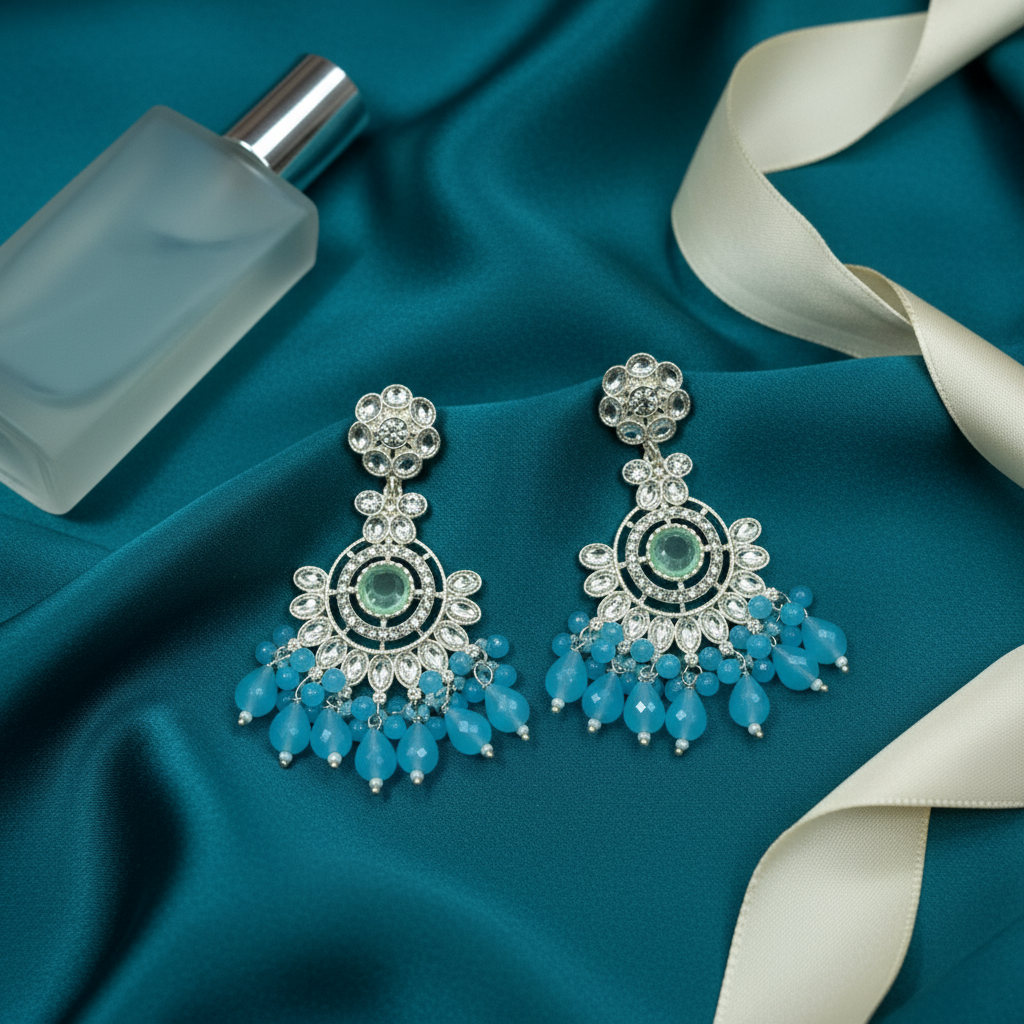 Regal Azure Bloom Chandelier Jhumka Earrings
