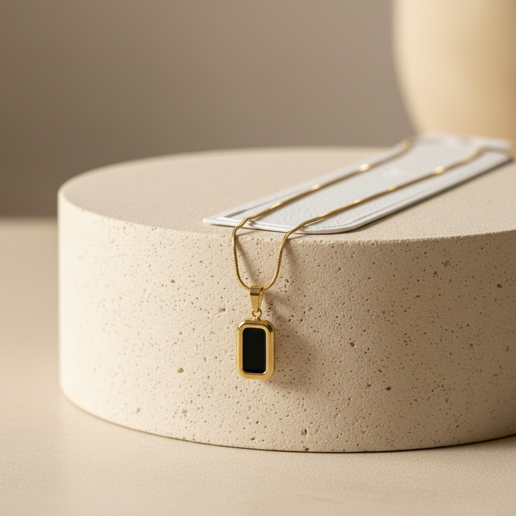 Timeless Elegance Gold-Tone & Black Onyx Rectangle Pendant Necklace