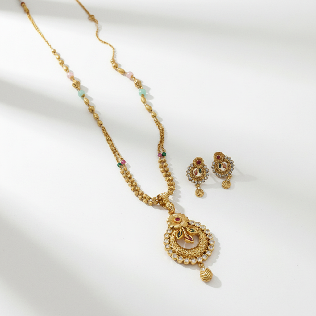 Regal Bloom Antique Gold Plated Floral Necklace Set with Pastel Beaded Chain