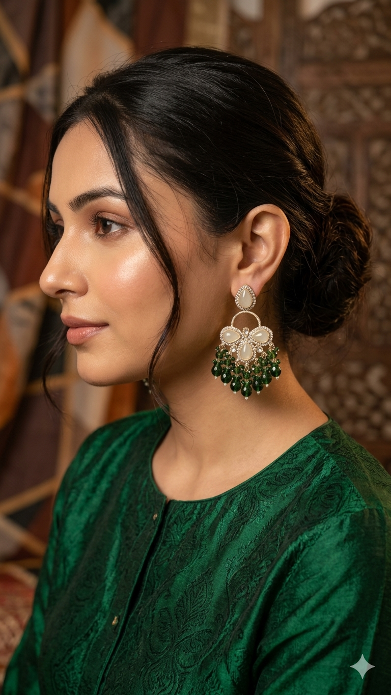 Regal Emerald Cascade & Pearl-Inspired Teardrop Dangle Jhumka Earrings