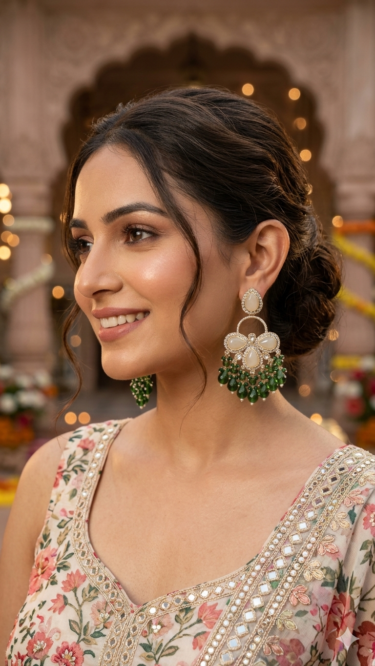 Regal Emerald Cascade & Pearl-Inspired Teardrop Dangle Jhumka Earrings