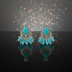 Celestial Aqua Kundan & Silver Chandbali Jhumka Earrings