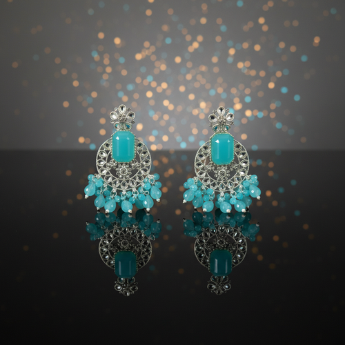 Celestial Aqua Kundan & Silver Chandbali Jhumka Earrings