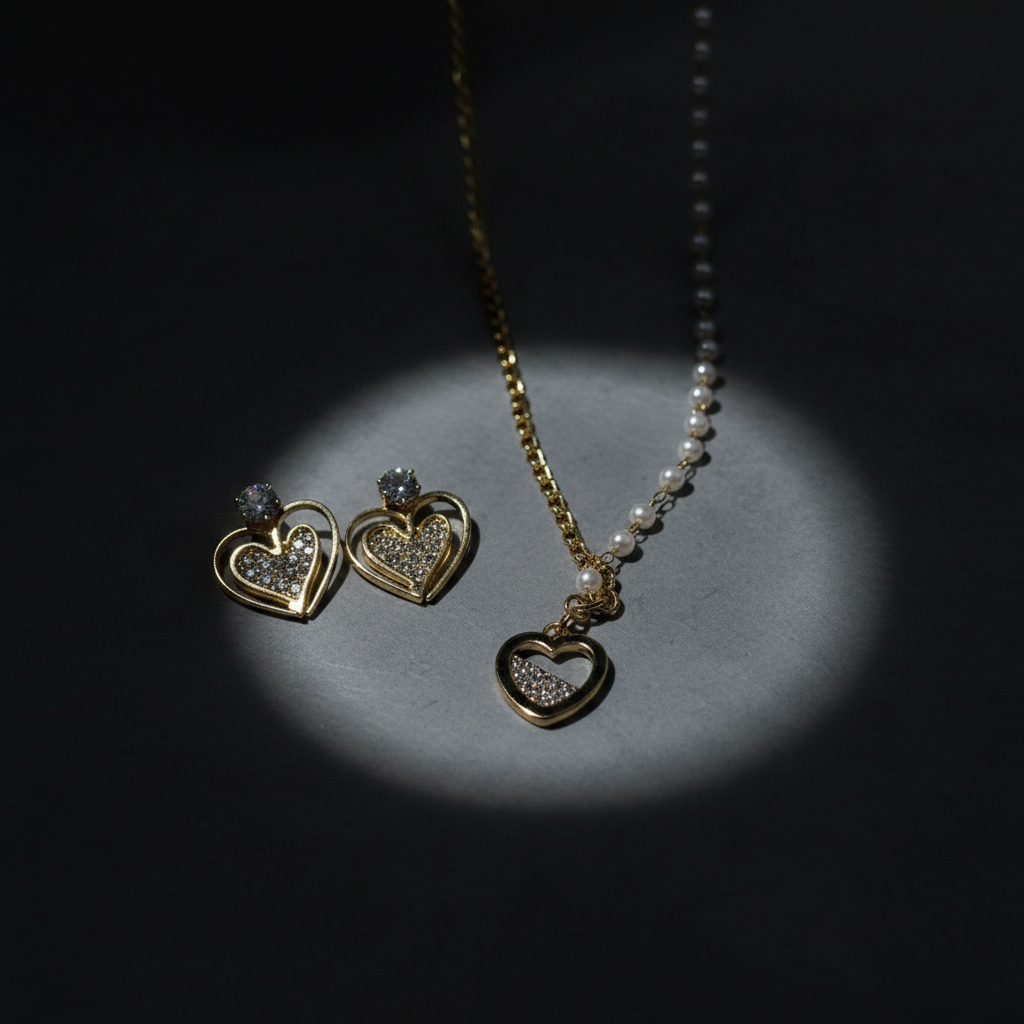 Radiant Hearts Two-Tone Chain & Pearl Necklace and Earring Set