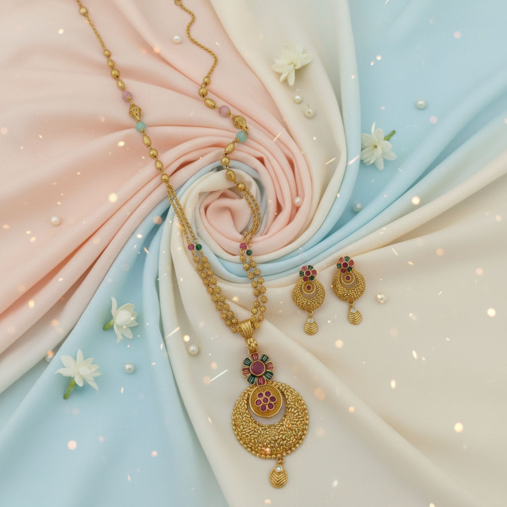 Aadhya Collection: Regal Antique Gold Floral Enamel Necklace & Earring Set
