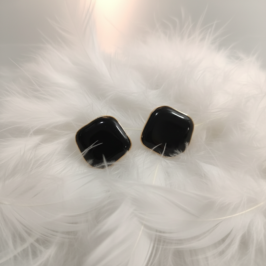 Obsidian Noir Geometric Gold-Rimmed Stud Earrings
