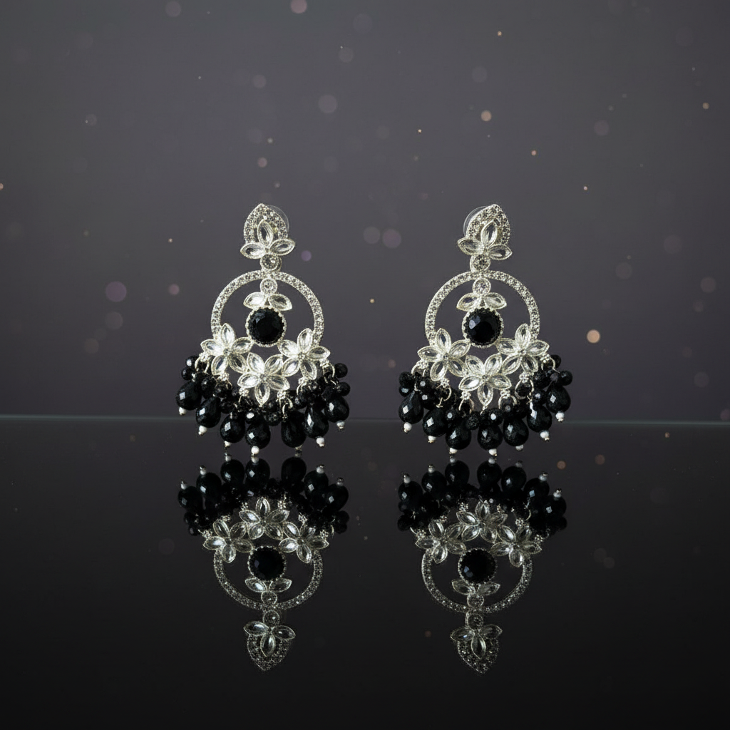 Regal Noir Blossom Chandelier Jhumka Earrings