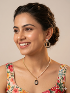 Luxe Asymmetric Pearl & Gold Chain Necklace Set with Geometric Crystal Earrings