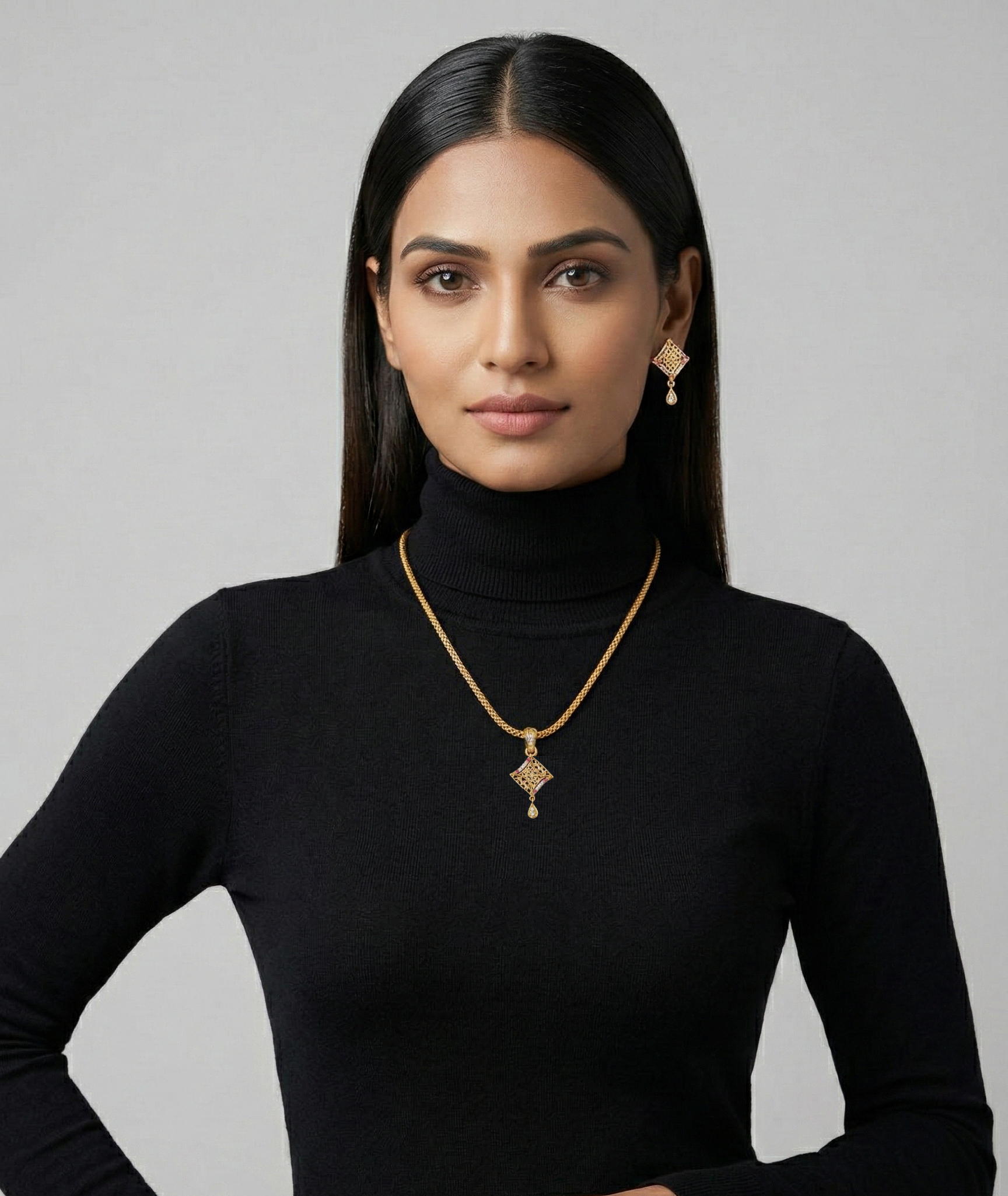 Regal Filigree Drop Pendant Set (Anti-Tarnish Gold Finish)