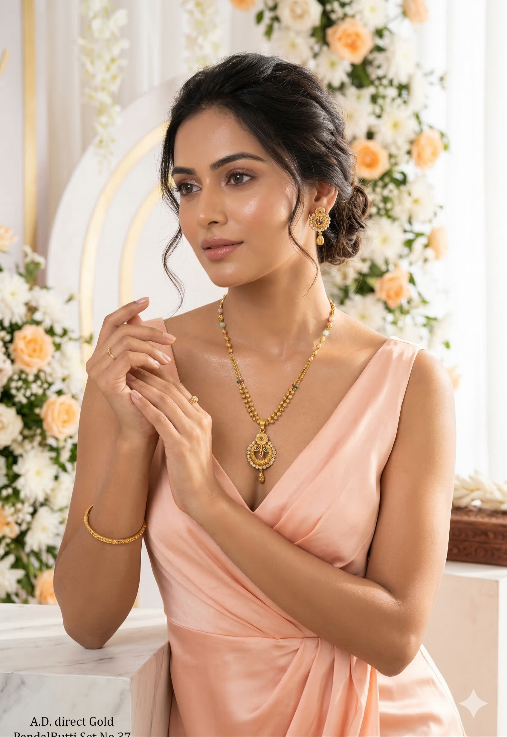 Regal Bloom Antique Gold Plated Floral Necklace Set with Pastel Beaded Chain