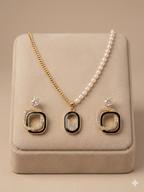 Luxe Asymmetric Pearl & Gold Chain Necklace Set with Geometric Crystal Earrings