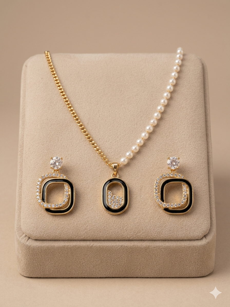 Luxe Asymmetric Pearl & Gold Chain Necklace Set with Geometric Crystal Earrings