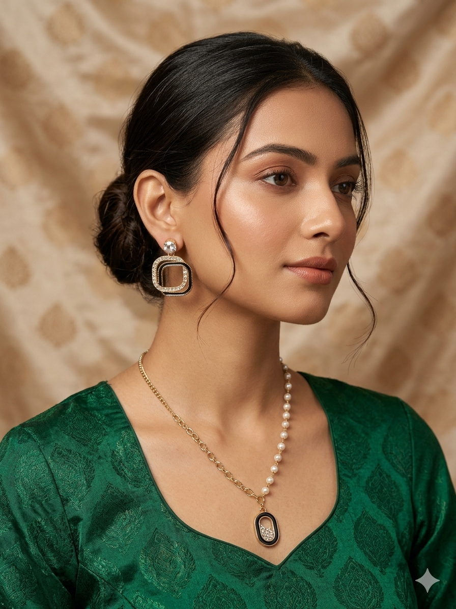 Luxe Asymmetric Pearl & Gold Chain Necklace Set with Geometric Crystal Earrings