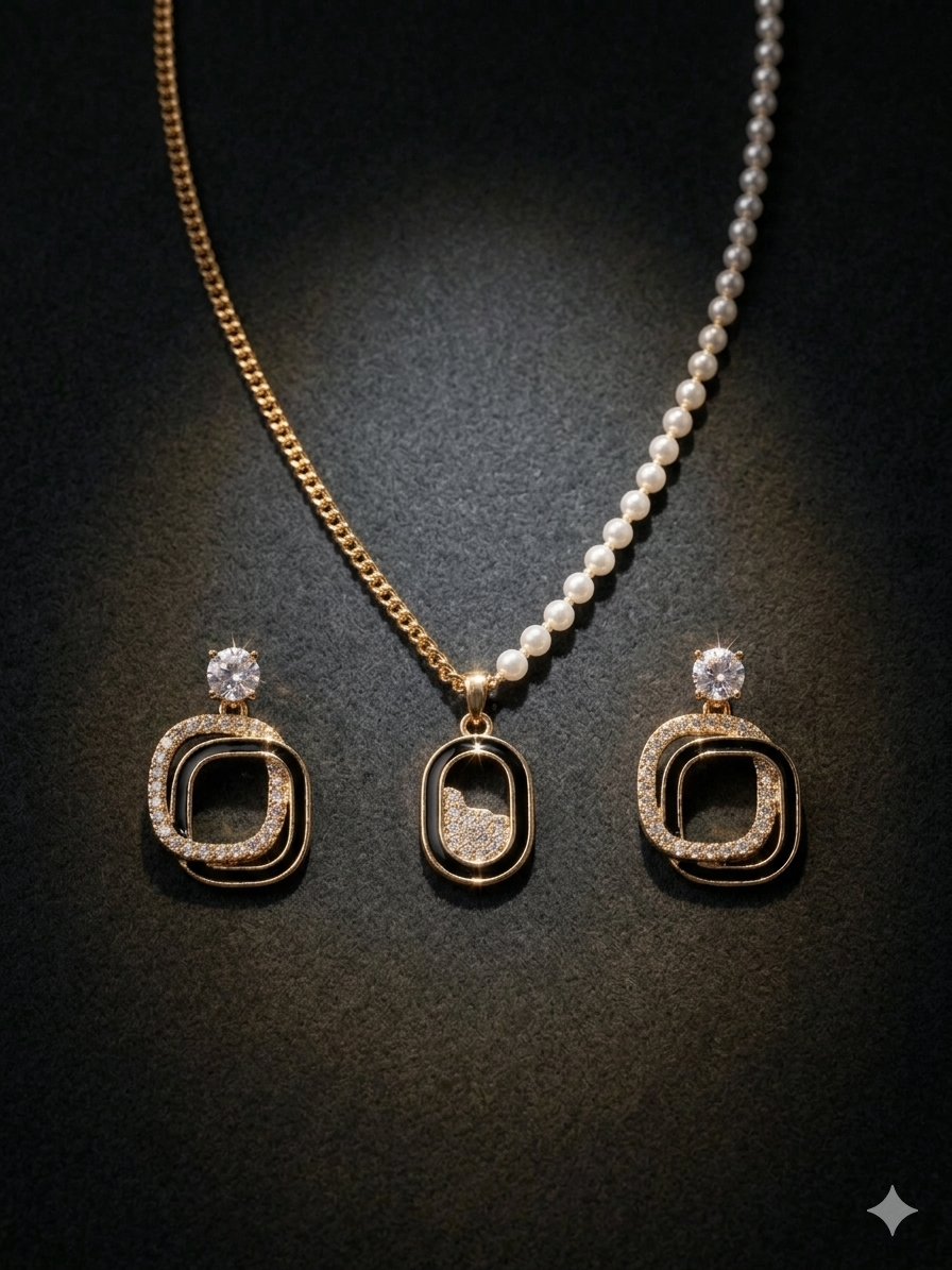 Luxe Asymmetric Pearl & Gold Chain Necklace Set with Geometric Crystal Earrings