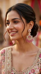 Opulent Pink Crystal & Pearl Chandbali Dangler Jhumka Earrings