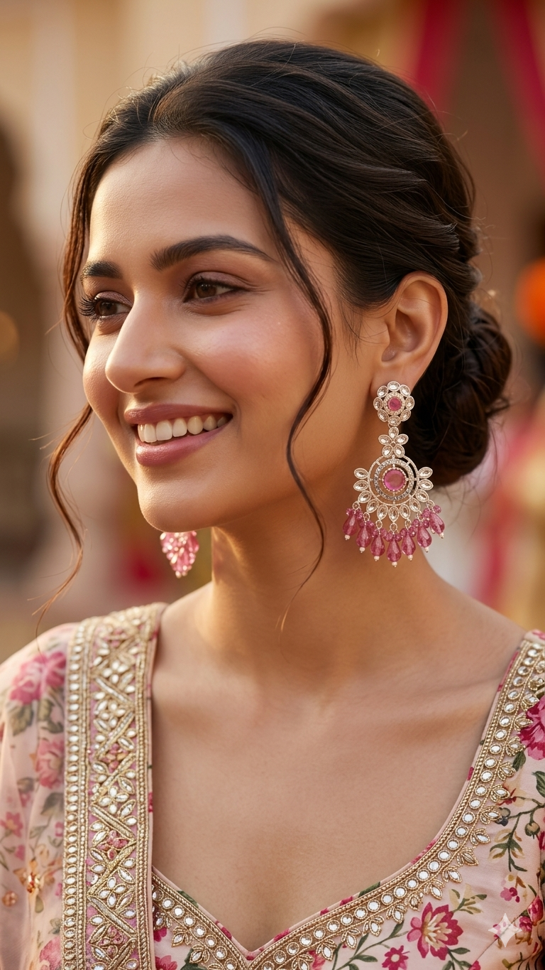 Opulent Pink Crystal & Pearl Chandbali Dangler Jhumka Earrings