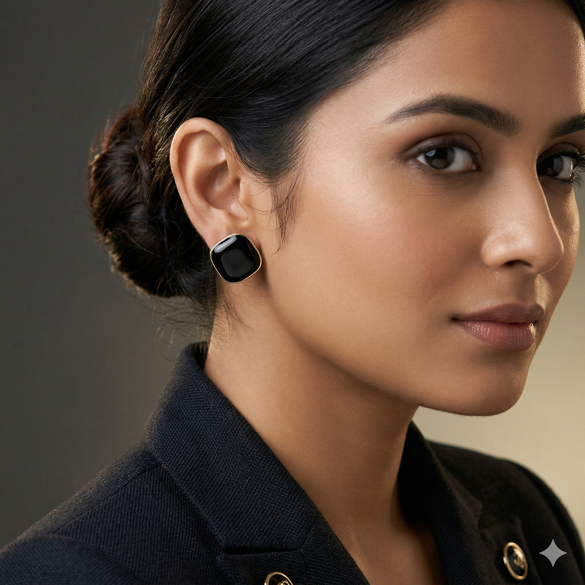 Obsidian Noir Geometric Gold-Rimmed Stud Earrings