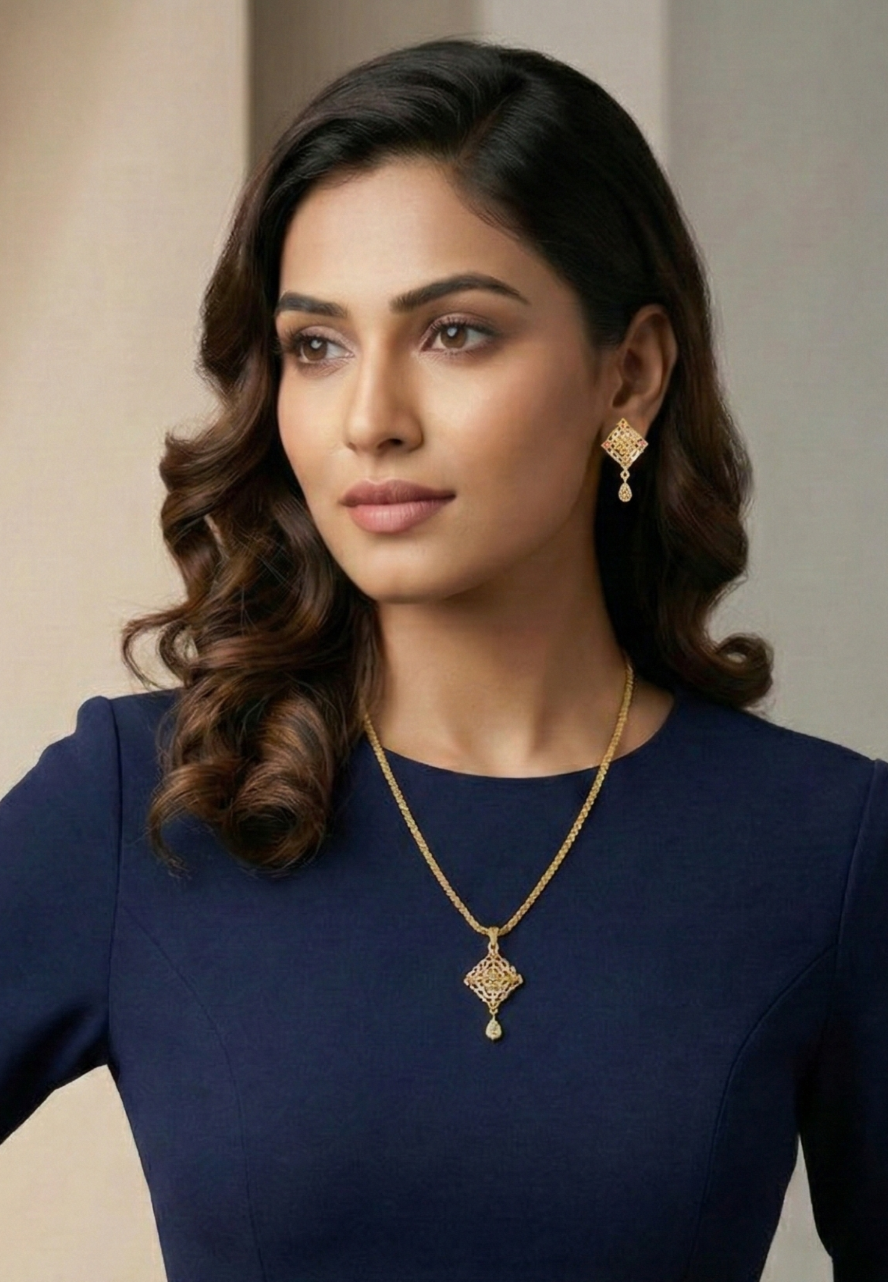 Regal Filigree Drop Pendant Set (Anti-Tarnish Gold Finish)