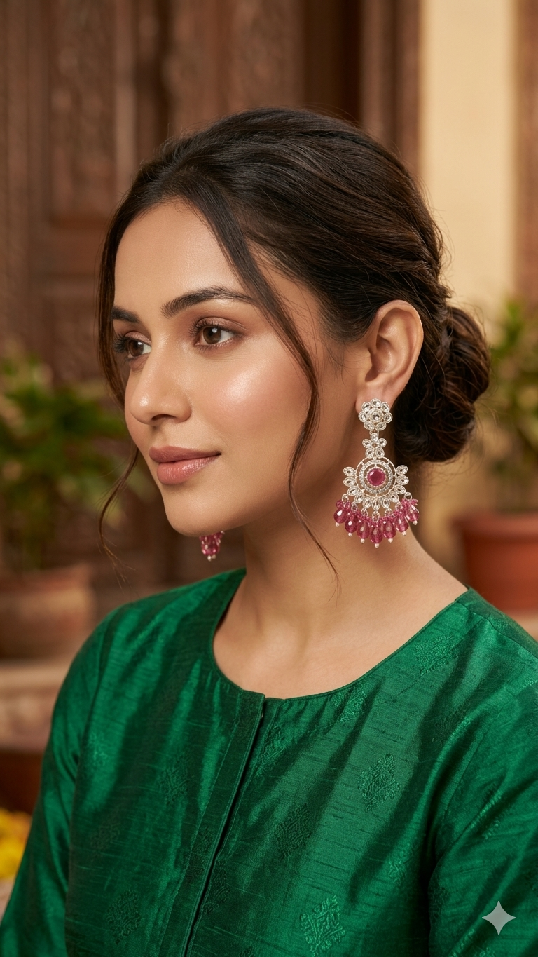 Opulent Pink Crystal & Pearl Chandbali Dangler Jhumka Earrings