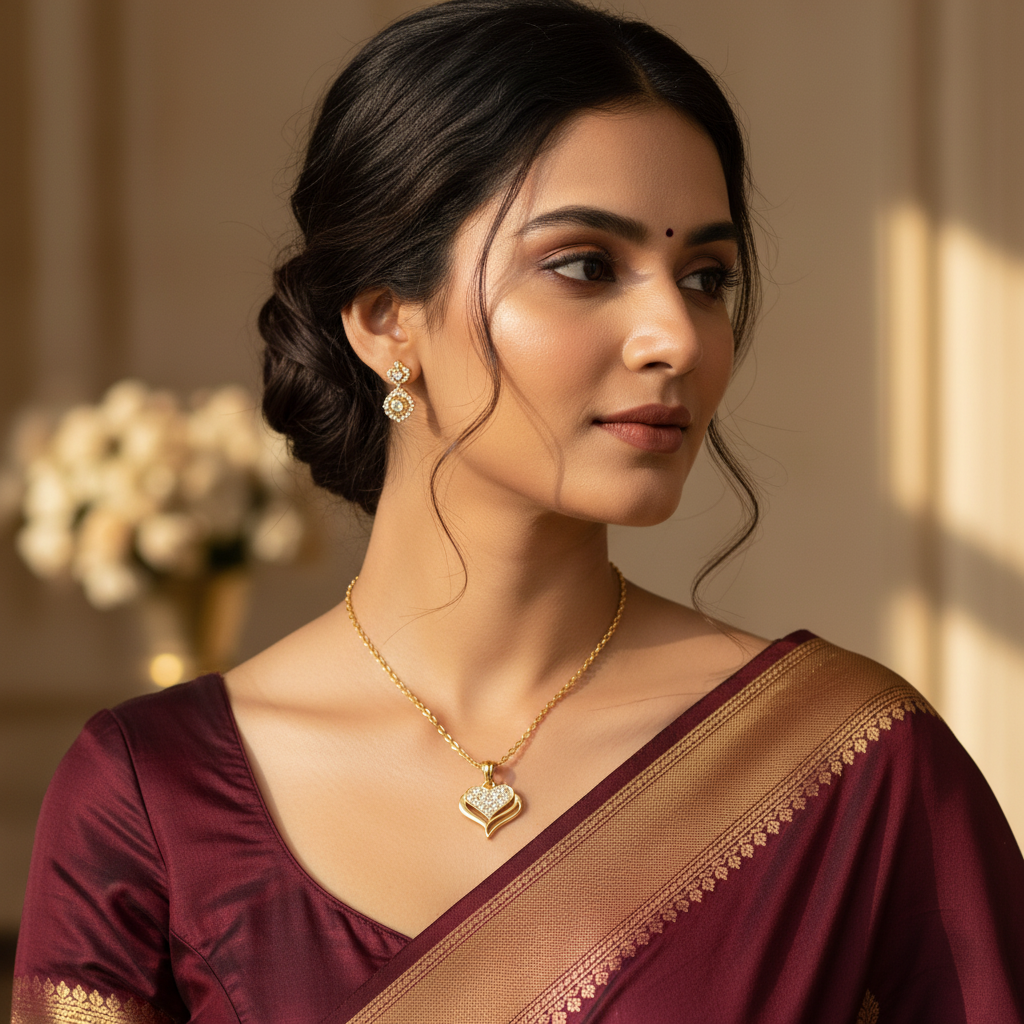 Luxury Golden Double Heart A.D. Diamond Pendant Necklace