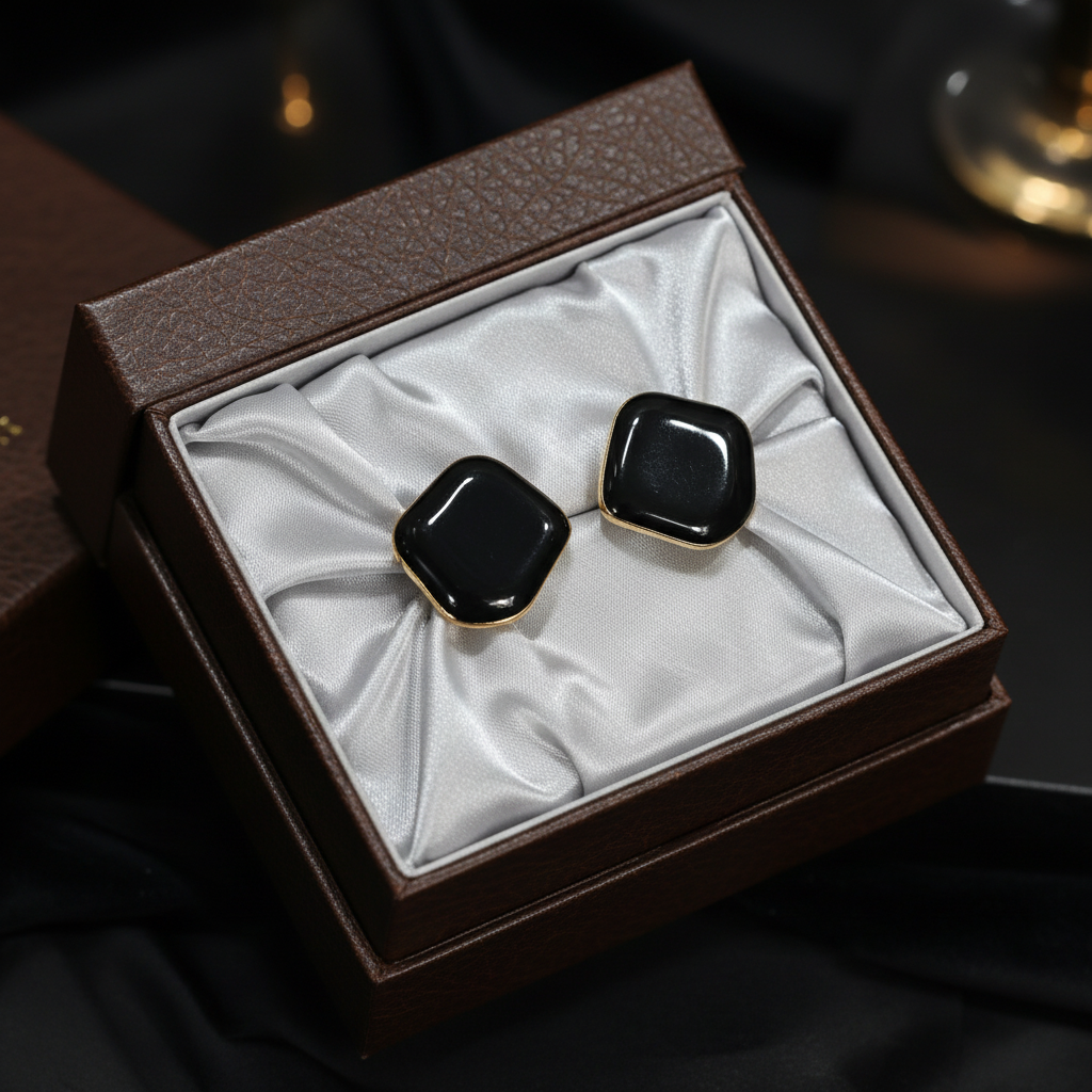 Obsidian Noir Geometric Gold-Rimmed Stud Earrings