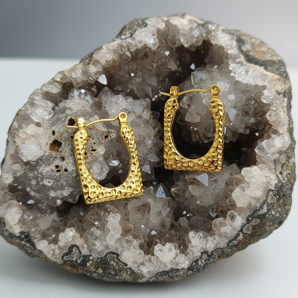 Radiant Gold Hammered Rectangle Hoop Earrings