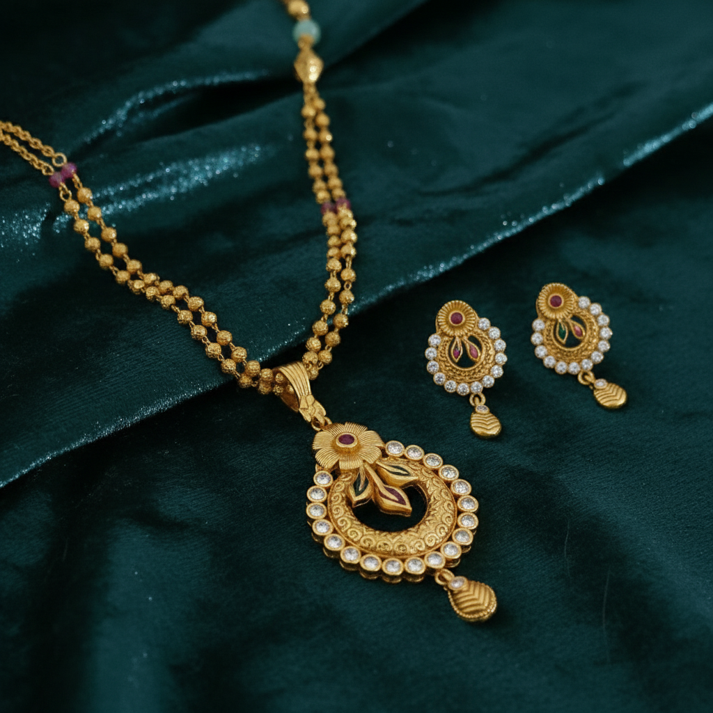 Regal Bloom Antique Gold Plated Floral Necklace Set with Pastel Beaded Chain