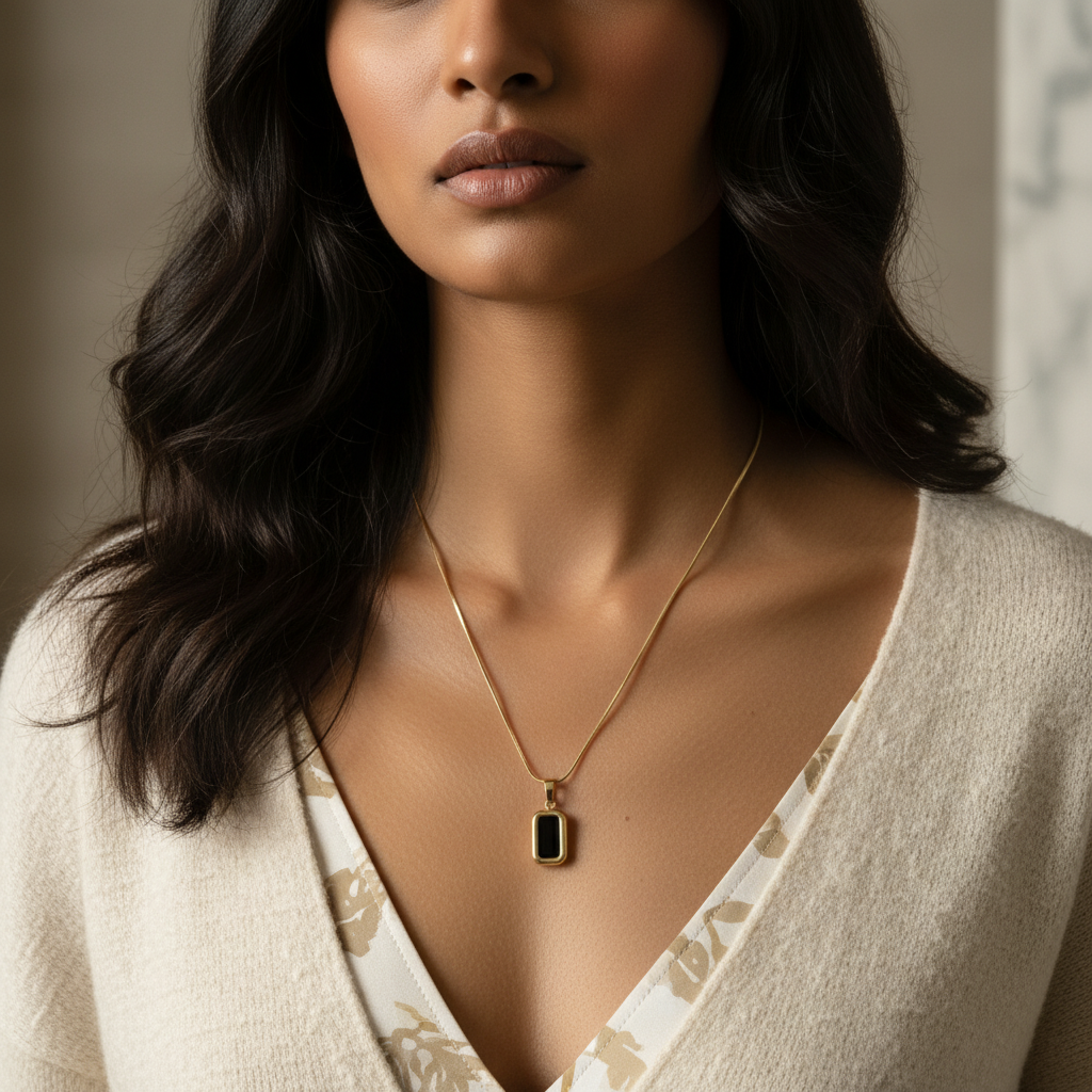 Timeless Elegance Gold-Tone & Black Onyx Rectangle Pendant Necklace