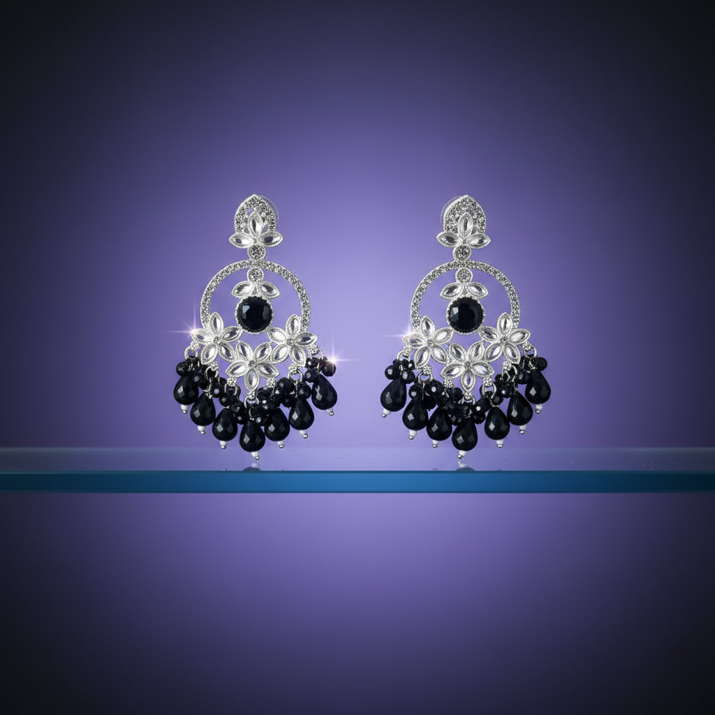Regal Noir Blossom Chandelier Jhumka Earrings